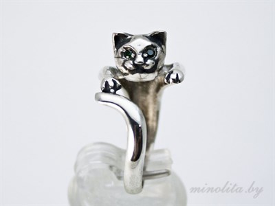 Кольцо из серебра 925 пробы с чернением в виде кошки